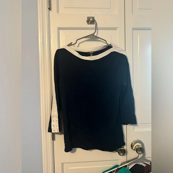 Navy White 3/4 Sleeve top with accents. So cute and perfect to dress up or down! - Picture 1 of 11
